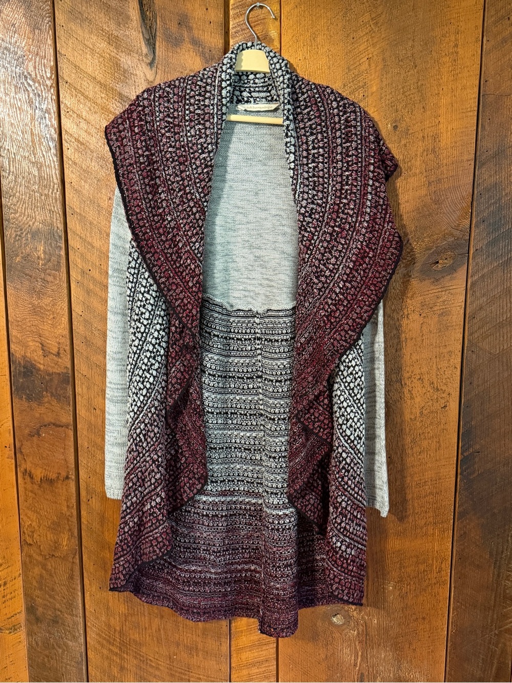 Soft Surroundings Burgundy and Gray Draped Open-Front Cardigan